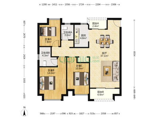 绿地国际博览城二期博伟 3室1厅2卫 116平方