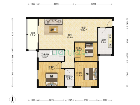 银苑新村 3室2厅2卫 101平方