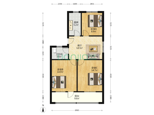 钱王街448-450号 3室1厅1卫 86平方