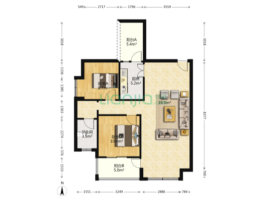 新城国际广场 2室1厅1卫 91平方