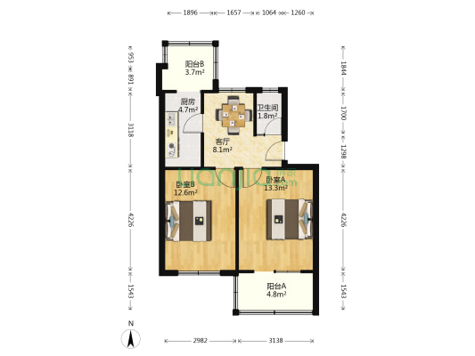 永鸿小区 2室1厅1卫 54平方