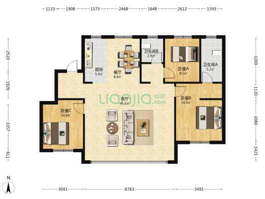 泽信江山府 3室2厅2卫 126平方