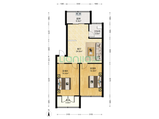 沙河镇街小区 2室1厅1卫 84平方