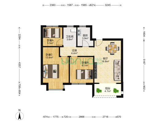 鸿海满园 3室1厅1卫 85平方