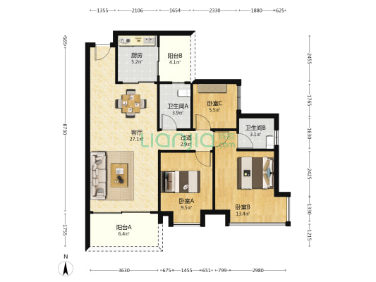 美力锦颐雅居 3室1厅2卫 96平方