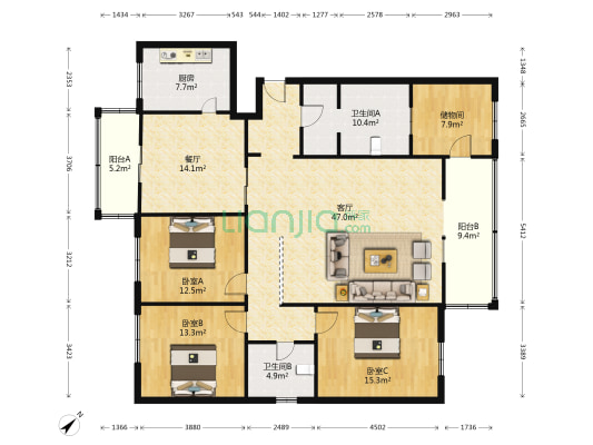 东大街41号 3室2厅2卫 160平方