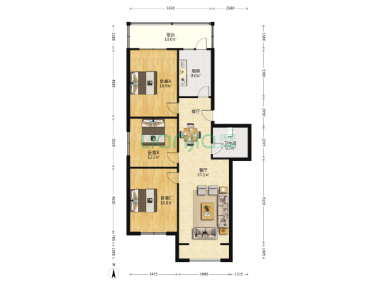 宝光大道中段404号 3室1厅1卫 125平方