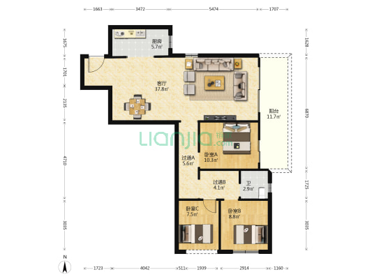 旭辉都会新雲 3室1厅1卫 105平方