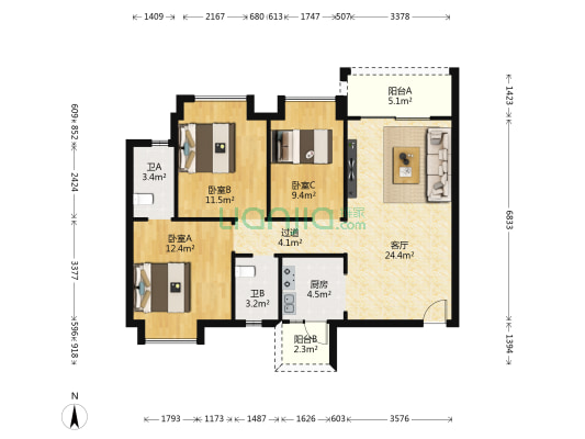 金骏广场 3室1厅2卫 98平方