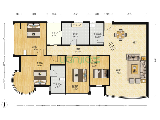 宏业大厦 4室1厅2卫 196平方