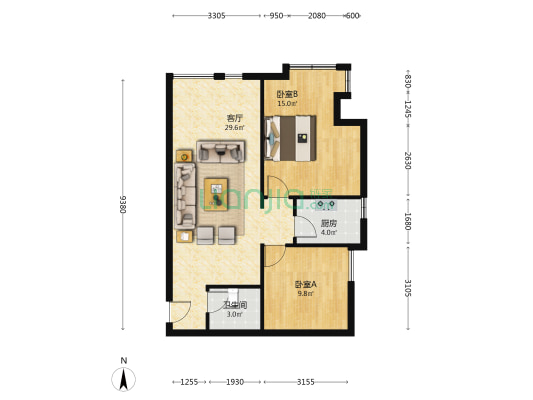 房子两居室，70年产权，集中供暖，精装自住-户型图