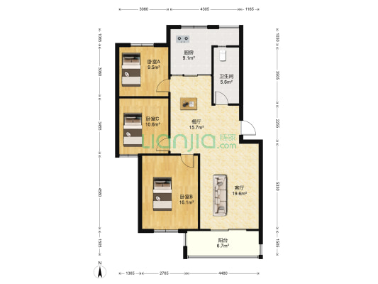 迎宾花园 3室2厅1卫 110平方