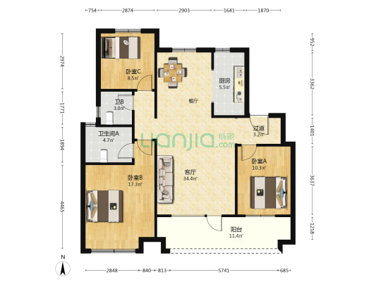 玉兰璟园 3室1厅2卫 119平方
