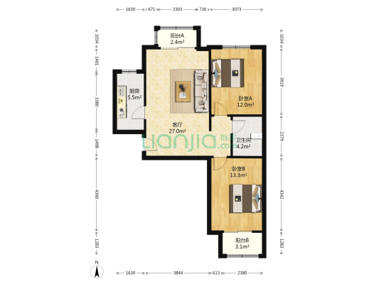 涿州开发区名流美域南北精装两居室房本满五年就这一套-户型图
