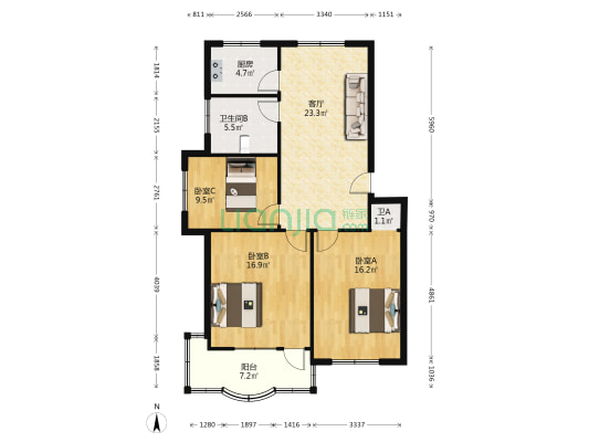 鹤搪新村 3室1厅2卫 104平方