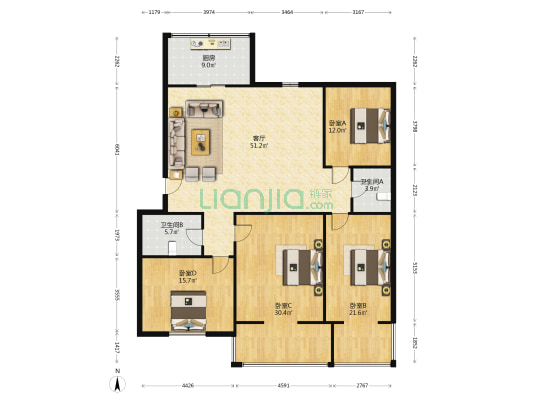 民航社区 4室1厅2卫 178平方