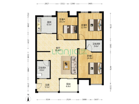 和谐家园(江城大道) 3室1厅2卫 121平方