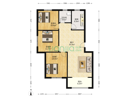 国都名城 3室1厅1卫 106平方