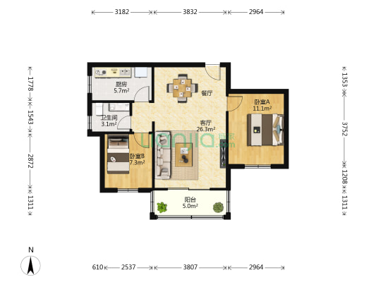 九洲花园 2室1厅1卫 72平方