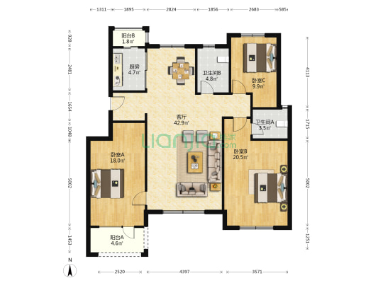 黄海明珠一期 3室1厅2卫 136平方
