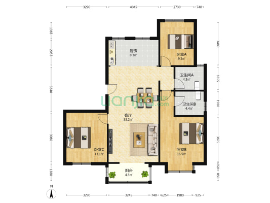 京和园 3室1厅2卫 128平方