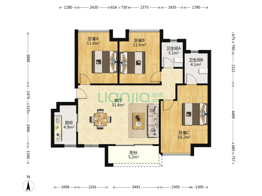 海伦堡海伦香洲 3室1厅2卫 106平方