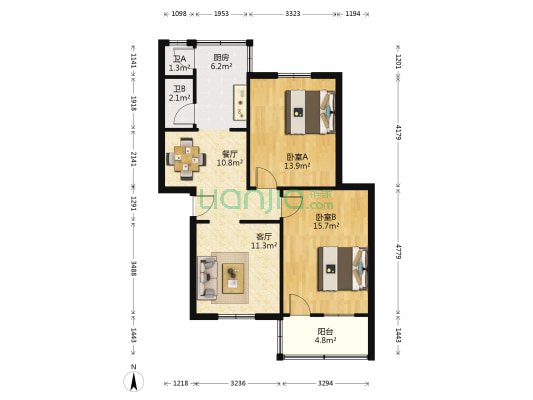 轻工研究院小区 2室2厅2卫 75平方
