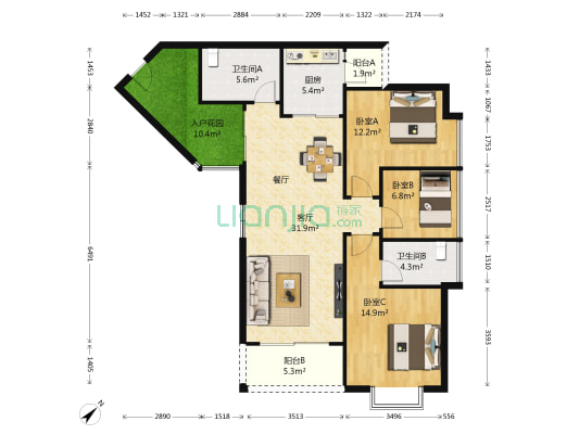 紫茗花园 3室1厅2卫 112平方