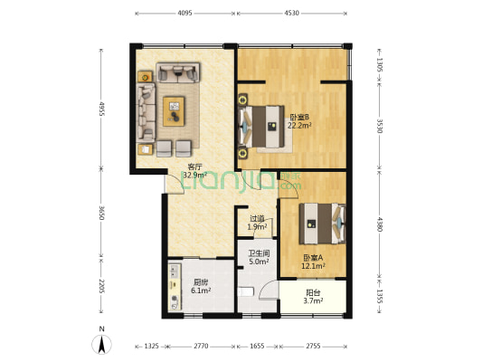 白河巷92号附1号院 2室1厅1卫 105平方