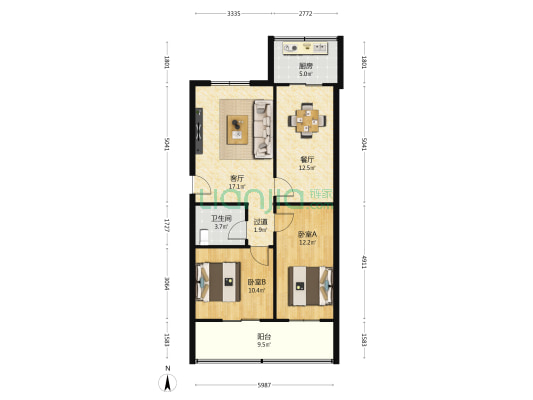 山海丹 2室2厅1卫 85平方