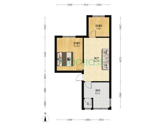 花谷路2号 2室1厅1卫 54平方