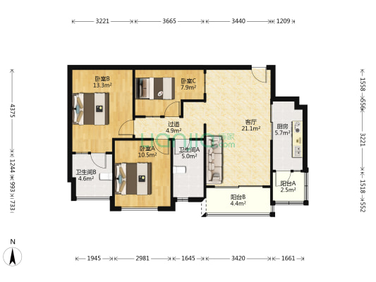 麓湖轩 3室1厅2卫 100平方