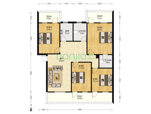 碧海银滩 4室1厅2卫 136平方