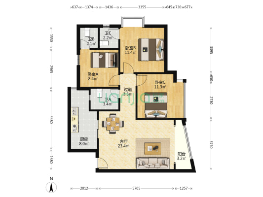 极鼎城市丽都 3室1厅3卫 101平方