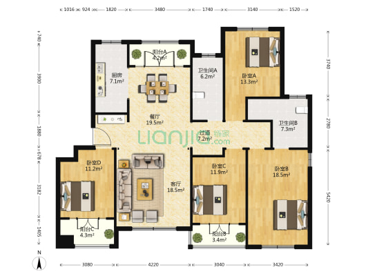 美国小镇 4室2厅2卫 165平方