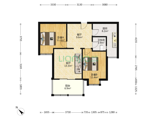 五彩城 2室2厅 西南-户型图