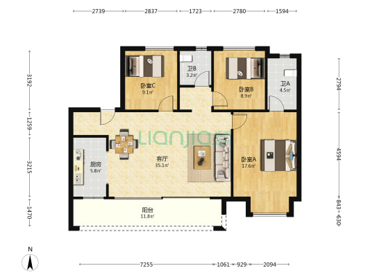 金成光华壹品 3室1厅2卫 117平方