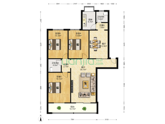 鑫正公寓 3室2厅2卫 141平方