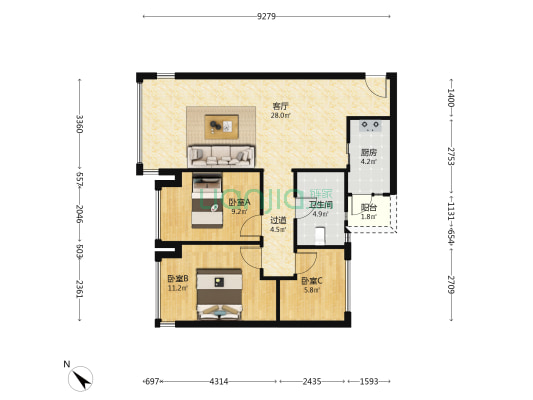 兆信北悦府 3室1厅1卫 88平方