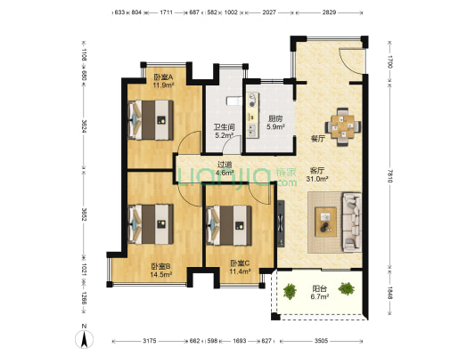 万达文化旅游城N2区 3室1厅1卫 113平方