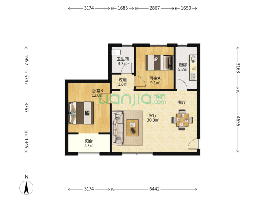 阳光城沣太花园一二期 2室1厅1卫 92平方