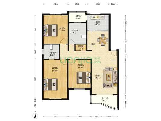 南洋新华公寓 3室1厅2卫 130平方