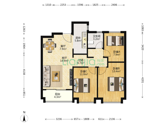 绿城西安全运村采薇苑 3室2厅1卫 98平方