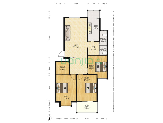 花香季雨园 3室1厅2卫 122平方