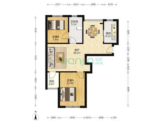 盛源小区 2室1厅1卫 87平方