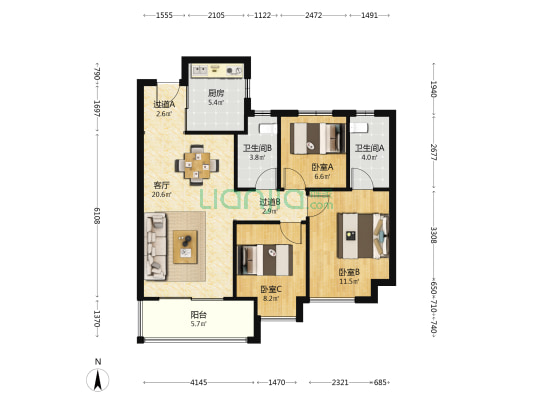 东方红梅溪枫林 3室1厅2卫 94平方
