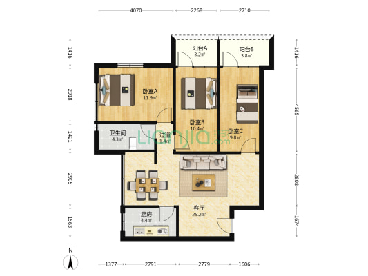小北大厦 3室1厅1卫 103平方