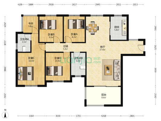 绿色金典 5室1厅2卫 145平方