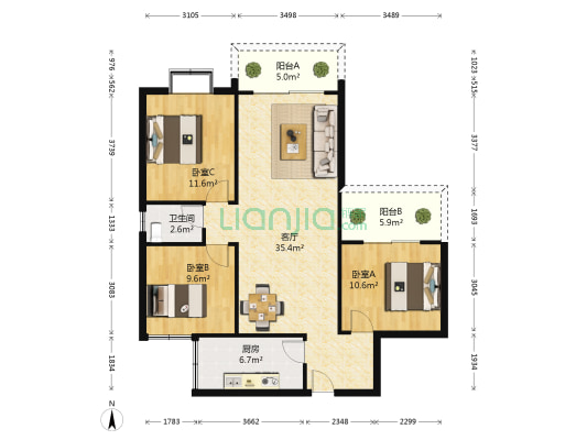 鑫金现代城 3室1厅1卫 104平方