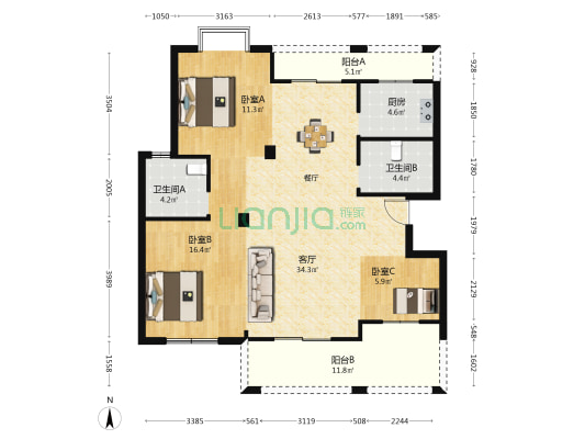 东馨花园 3室1厅2卫 107平方